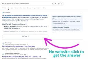 Example of doing a typical google search but then seeing that the answer appears in Google's AI - leaving no click for any of the websites.